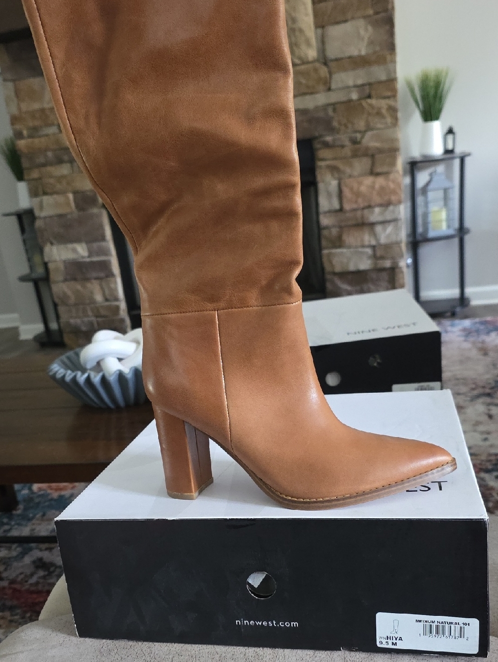 Nine West Cognac Leather Pointed-Toe Mid-Calf Block Heel Boots